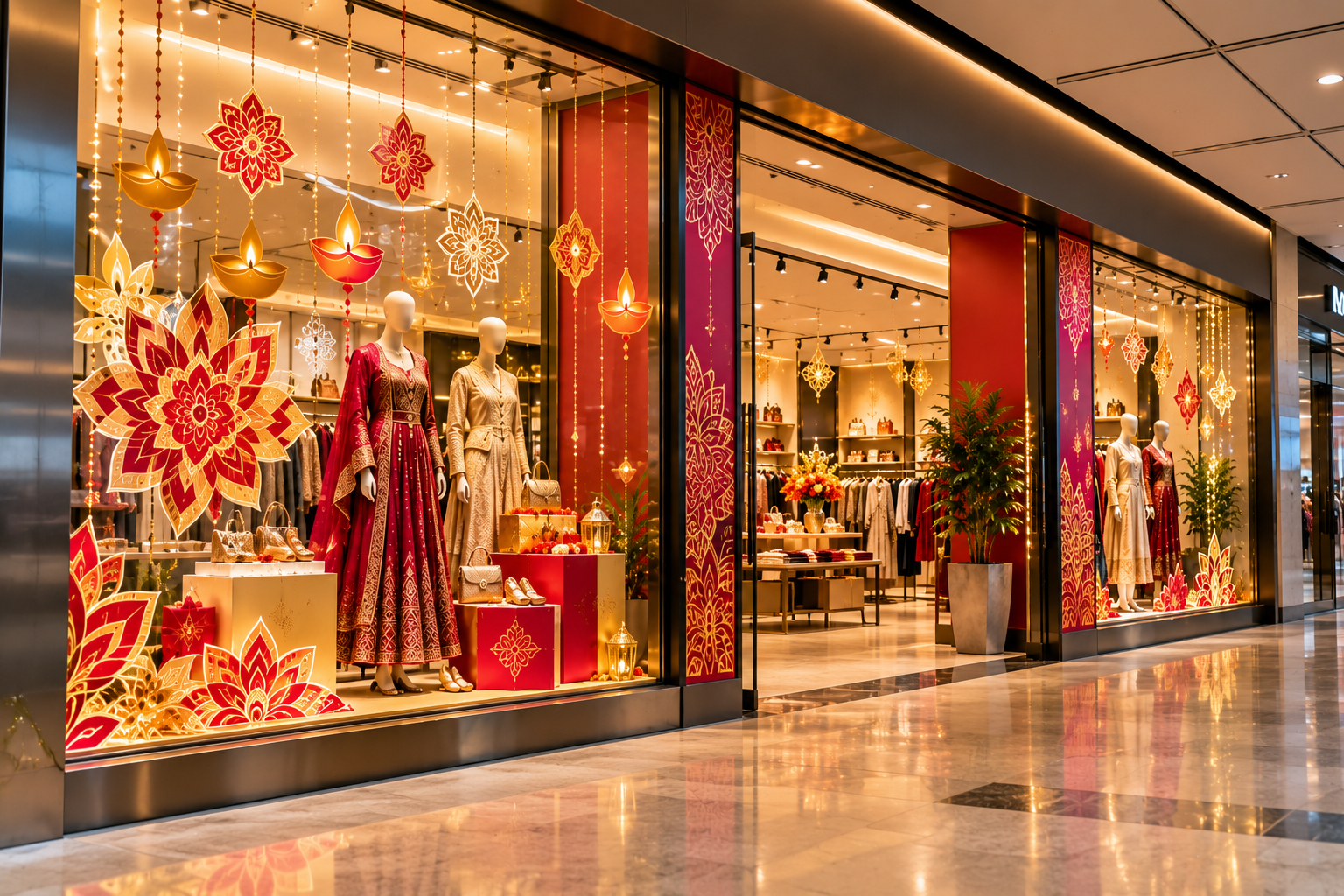 Festive retail graphics creating a vibrant seasonal shopping environment inside a modern store