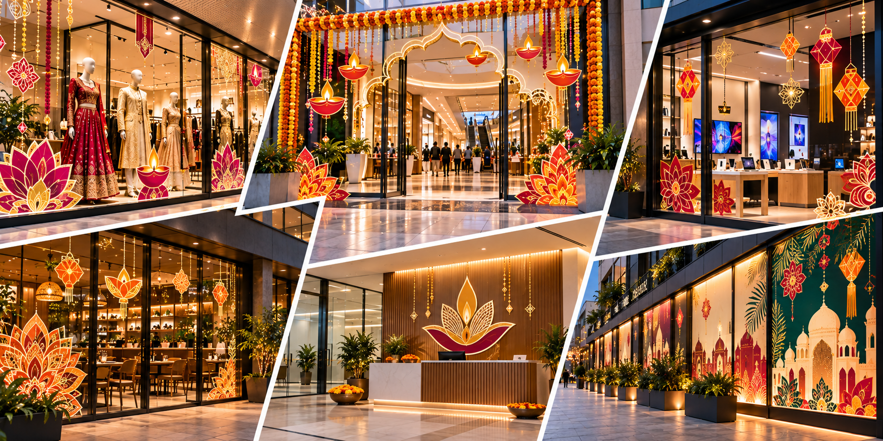 Colourful festive wall graphics transforming a commercial interior with seasonal artwork and decorative patterns